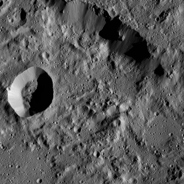 NASA's Dawn spacecraft captures part of the northern rim of Urvara Crater (101 miles, 163 kilometers wide) in this image.  Dawn obtained this view on June 2, 2016, from its low-altitude mapping orbit, at a distance of about 240 miles (385 kilometers) above the surface. The image resolution is 120 feet (35 meters) per pixel.  http://photojournal.jpl.nasa.gov/catalog/PIA20941