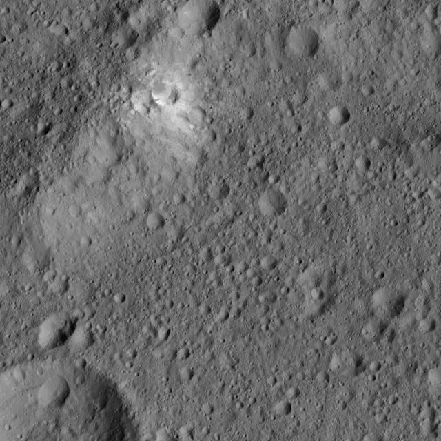 This image from NASA's Dawn spacecraft features bright material (at upper left) along the rim of the giant crater named Kerwan (174 miles, 280 kilometers wide) on Ceres. The image is centered at 1.8 degrees south latitude, 112 degrees east longitude. Dawn took this image on June 6, 2016, from its low-altitude mapping orbit, at a distance of about 240 miles (385 kilometers) above the surface. The image resolution is 120 feet (35 meters) per pixel. http://photojournal.jpl.nasa.gov/catalog/PIA20956