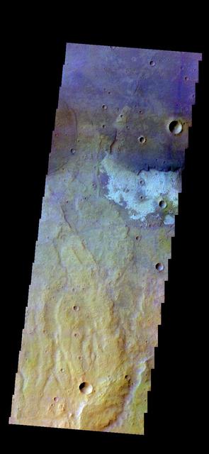 The THEMIS camera contains 5 filters. The data from different filters can be combined in multiple ways to create a false color image.l These false color images may reveal subtle variations of the surface not easily identified in a single band image. Today's false color image shows part of the plains of Terra Sirenum.  Orbit Number: 42973 Latitude: -38.8923 Longitude: 220.888 Instrument: VIS Captured: 2011-08-22 15:49  http://photojournal.jpl.nasa.gov/catalog/PIA20975