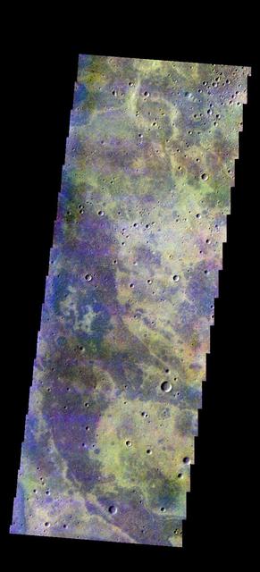 The THEMIS camera contains 5 filters. The data from different filters can be combined in multiple ways to create a false color image. These false color images may reveal subtle variations of the surface not easily identified in a single band image. Today's false color image shows part of the plains of Noachis Terra.  Orbit Number: 43006 Latitude: -38.3345 Longitude: 349.255 Instrument: VIS Captured: 2011-08-25 09:00  http://photojournal.jpl.nasa.gov/catalog/PIA20976
