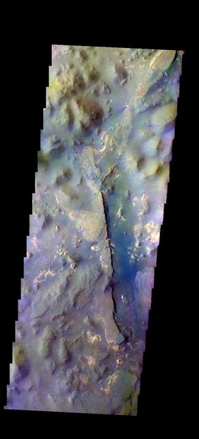 The THEMIS camera contains 5 filters. The data from different filters can be combined in multiple ways to create a false color image. These false color images may reveal subtle variations of the surface not easily identified in a single band image. Today's false color image shows part of Aureum Chaos. Orbit Number: 43169 Latitude: -4.0356 Longitude: 333.393 Instrument: VIS Captured: 2011-09-07 18:50 http://photojournal.jpl.nasa.gov/catalog/PIA20981