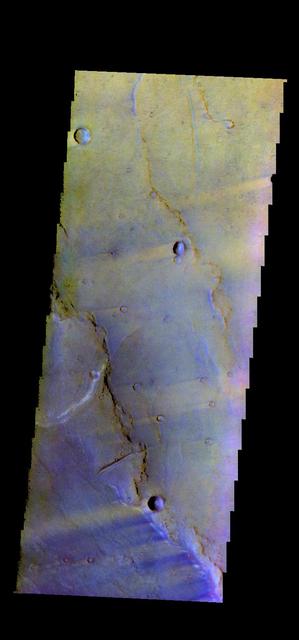 The THEMIS camera contains 5 filters. The data from different filters can be combined in multiple ways to create a false color image. These false color images may reveal subtle variations of the surface not easily identified in a single band image. Today's false color image shows part of Syrtis Major Planum, between Nili Patera and Meroe Patera. Orbit Number: 43352 Latitude: 8.2378 Longitude: 67.7675 Instrument: VIS Captured: 2011-09-22 22:16 http://photojournal.jpl.nasa.gov/catalog/PIA20988