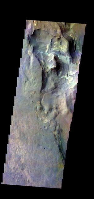 The THEMIS camera contains 5 filters. The data from different filters can be combined in multiple ways to create a false color image. These false color images may reveal subtle variations of the surface not easily identified in a single band image. Today's false color image shows part of Terby Crater. Orbit Number: 43440 Latitude: -27.3622 Longitude: 73.7577 Instrument: VIS Captured: 2011-09-30 02:20 http://photojournal.jpl.nasa.gov/catalog/PIA20990