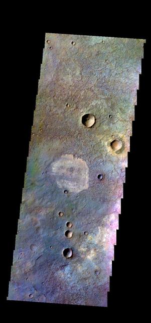 The THEMIS VIS camera contains 5 filters. The data from different filters can be combined in multiple ways to create a false color image. These false color images may reveal subtle variations of the surface not easily identified in a single band image. Today's false color image shows part of the plains in Terra Sabaea.  Orbit Number: 43466 Latitude: -24.3218 Longitude: 44.5089 Instrument: VIS Captured: 2011-10-02 05:41  http://photojournal.jpl.nasa.gov/catalog/PIA21010