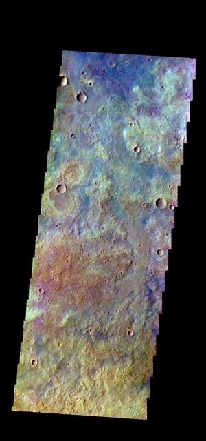 The THEMIS VIS camera contains 5 filters. The data from different filters can be combined in multiple ways to create a false color image. These false color images may reveal subtle variations of the surface not easily identified in a single band image. Today's false color image shows part of the plains of Tyrrhena Terra.  Orbit Number: 43764 Latitude: -19.5412 Longitude: 91.4825 Instrument: VIS Captured: 2011-10-26 18:19  http://photojournal.jpl.nasa.gov/catalog/PIA21016