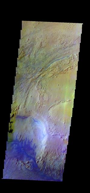 The THEMIS VIS camera contains 5 filters. The data from different filters can be combined in multiple ways to create a false color image. These false color images may reveal subtle variations of the surface not easily identified in a single band image. Today's false color image shows part of the interior deposit of Firsoff Crater. The dark blue material is most likely basaltic sand. Orbit Number: 43854 Latitude: 2.72924 Longitude: 350.449 Instrument: VIS Captured: 2011-11-03 05:57 http://photojournal.jpl.nasa.gov/catalog/PIA21018