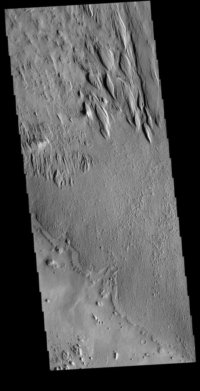 The elongated hills in this VIS image are a feature termed yardangs. Yardangs are formed by wind activity in regions where the surface material is not well cemented. The elongation indicates the direction of the wind. Orbit Number: 65299 Latitude: -10.1078 Longitude: 183.91 Instrument: VIS Captured: 2016-09-02 13:39 http://photojournal.jpl.nasa.gov/catalog/PIA21019