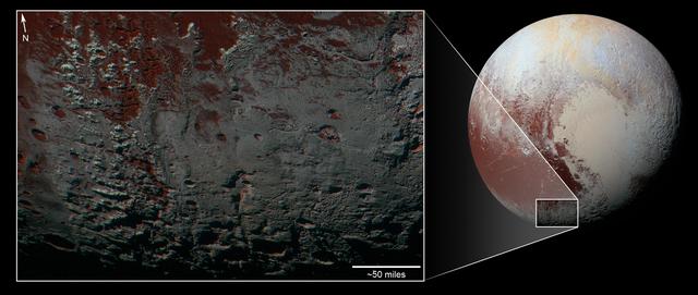 NASA image: Pluto Methane Snowcaps on the Edge of Darkness context