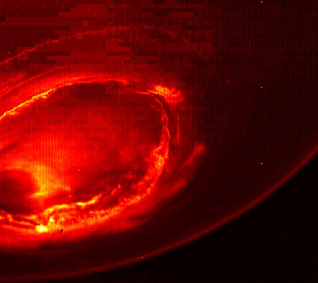 This infrared image gives an unprecedented view of the southern aurora of Jupiter, as captured by NASA's Juno spacecraft on August 27, 2016. The planet's southern aurora can hardly be seen from Earth due to our home planet's position in respect to Jupiter's south pole. Juno's unique polar orbit provides the first opportunity to observe this region of the gas-giant planet in detail. Juno's Jovian Infrared Auroral Mapper (JIRAM) camera acquired the view at wavelengths ranging from 3.3 to 3.6 microns -- the wavelengths of light emitted by excited hydrogen ions in the polar regions. The view is a mosaic of three images taken just minutes apart from each other, about four hours after the perijove pass while the spacecraft was moving away from Jupiter. http://photojournal.jpl.nasa.gov/catalog/PIA21033