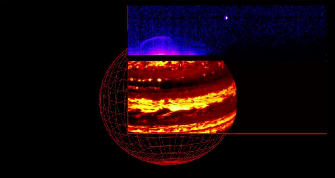 As NASA's Juno spacecraft approached Jupiter on Aug. 27, 2016, the Jovian Infrared Auroral Mapper (JIRAM) instrument captured the planet's glow in infrared light.  The video is composed of 580 images collected over a period of about nine hours while Jupiter completed nearly a full rotation on its axis.  The video shows the two parts composing the JIRAM imager: the lower one, in a red color scale, is used for mapping the planet's thermal emission at wavelengths around 4.8 microns; the upper one, in a blue color scale, is used to map the auroras at wavelengths around 3.45 microns.  In this case the exposure time of the imager was optimized to observe the planet's thermal emission. However, it is possible to see a faint aurora and Jupiter's moon Io approaching the planet. The Great Red Spot is also visible just south of the planet's equator.  A movie is available at http://photojournal.jpl.nasa.gov/catalog/PIA21036