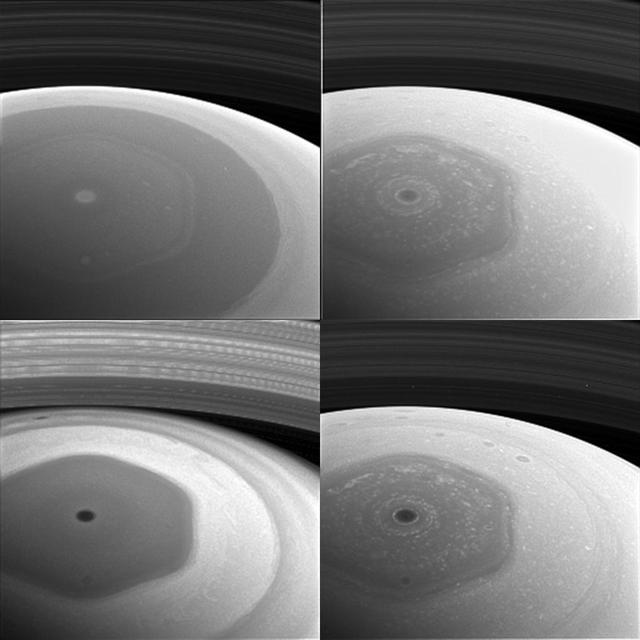 This collage of images from NASA's Cassini spacecraft shows Saturn's northern hemisphere and rings as viewed with four different spectral filters. Each filter is sensitive to different wavelengths of light and reveals clouds and hazes at different altitudes.  Clockwise from top left, the filters used are sensitive to violet (420 nanometers), red (648 nanometers), near-infrared (728 nanometers) and infrared (939 nanometers) light.  The image was taken with the Cassini spacecraft wide-angle camera on Dec. 2, 2016, at a distance of about 400,000 miles (640,000 kilometers) from Saturn. Image scale is 95 miles (153 kilometers) per pixel.  The images have been enlarged by a factor of two. The original versions of these images, as sent by the spacecraft, have a size of 256 pixels by 256 pixels. Cassini's images are sometimes planned to be compressed to smaller sizes due to data storage limitations on the spacecraft, or to allow a larger number of images to be taken than would otherwise be possible.  These images were obtained about two days before its first close pass by the outer edges of Saturn's main rings during its penultimate mission phase.   http://photojournal.jpl.nasa.gov/catalog/PIA21053