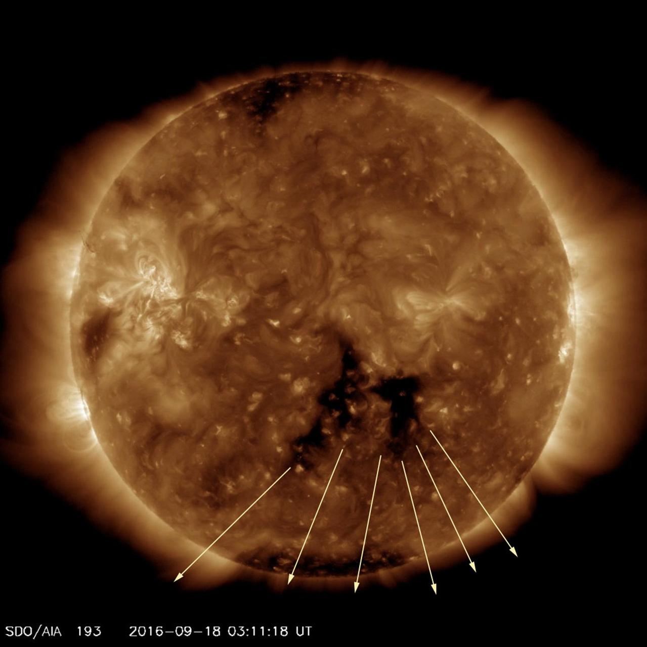 A dark coronal hole that was facing towards Earth for several days spewed streams of solar wind in our direction (Sept. 18-21, 2016). A coronal hole is a magnetically open region. The magnetic fields have opened up allowing solar wind (comprised of charged particles) to stream into space. Gusts of solar wind can generate beautiful aurora when they reach Earth. The video clip shows the sun in a wavelength of extreme ultraviolet light.   Movies are available at http://photojournal.jpl.nasa.gov/catalog/PIA21067