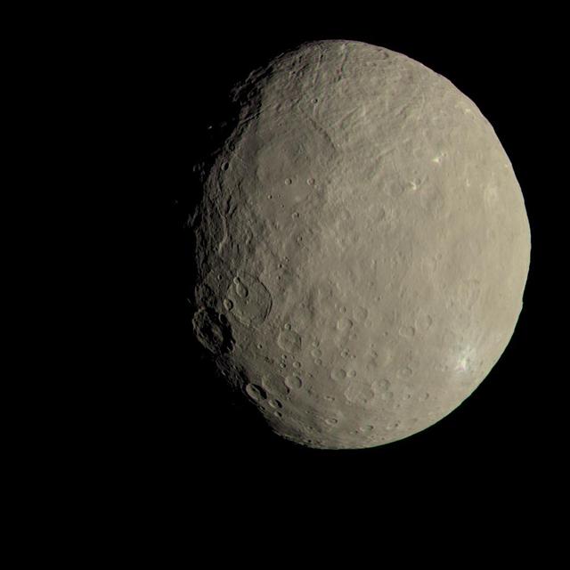 This image of Ceres approximates how the dwarf planet's colors would appear to the eye. This view of Ceres, produced by the German Aerospace Center in Berlin, combines images taken during Dawn's first science orbit in 2015 using the framing camera's red, green and blue spectral filters. The color was calculated using a reflectance spectrum, which is based on the way that Ceres reflects different wavelengths of light and the solar wavelengths that illuminate Ceres. http://photojournal.jpl.nasa.gov/catalog/PIA21079