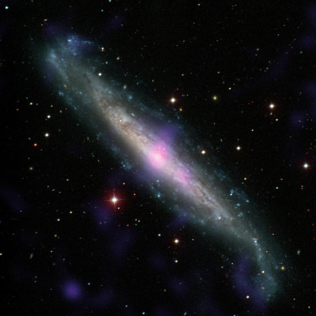 NGC 1448, a galaxy with an active galactic nucleus, is seen in this image combining data from the Carnegie-Irvine Galaxy Survey in the optical range and NuSTAR in the X-ray range.  This galaxy contains an example of a supermassive black hole hidden by gas and dust. X-ray emissions from NGC 1448, as seen by NuSTAR and Chandra, suggests for the first time that, like IC 3639 in PIA21087, there must be a thick layer of gas and dust hiding the active black hole in this galaxy from our line of sight.  http://photojournal.jpl.nasa.gov/catalog/PIA21086