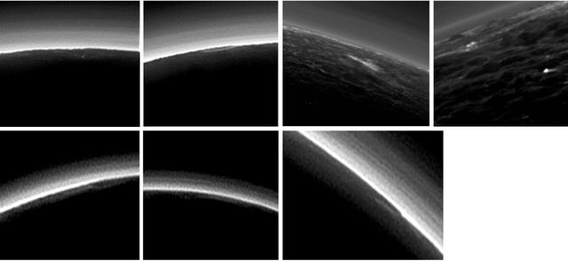 Pluto's present, hazy atmosphere is almost entirely free of clouds, though scientists from NASA's New Horizons mission have identified some cloud candidates after examining images taken by the New Horizons Long Range Reconnaissance Imager and Multispectral Visible Imaging Camera, during the spacecraft's July 2015 flight through the Pluto system. All are low-lying, isolated small features -- no broad cloud decks or fields -- and while none of the features can be confirmed with stereo imaging, scientists say they are suggestive of possible, rare condensation clouds.  http://photojournal.jpl.nasa.gov/catalog/PIA21127