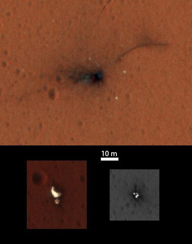 On Nov. 1, 2016, the High Resolution Imaging Science Experiment (HiRISE) camera on NASA's Mars Reconnaissance Orbiter observed the impact site of Europe's Schiaparelli test lander, gaining the first color view of the site since the lander's Oct. 19, 2016, arrival.  These cutouts from the observation cover three locations where parts of the spacecraft reached the ground: the lander module itself in the upper portion, the parachute and back shell at lower left, and the heat shield at lower right. The heat shield location was outside of the area covered in color. The scale bar of 10 meters (32.8 feet) applies to all three cutouts.  Schiaparelli was one component of the European Space Agency's ExoMars 2016 project, which placed the Trace Gas Orbiter into orbit around Mars on the same arrival date. The ExoMars project received data from Schiaparelli during its descent through the atmosphere. ESA reports that the heat shield separated as planned, the parachute deployed as planned but was released (with back shell) prematurely, and the lander hit the ground at a velocity of more than 180 miles per hour (more than 300 kilometers per hour).  Information gained from the Nov. 1 observation supplements what was learned from an Oct. 25 HiRISE observation, at PIA21131, which also shows the locations of these three cutouts relative to each other.  Where the lander module struck the ground, dark radial patterns that extend from a dark spot are interpreted as "ejecta," or material thrown outward from the impact, which may have excavated a shallow crater. From the earlier image, it was not clear whether the relatively bright pixels and clusters of pixels scattered around the lander module's impact site are fragments of the module or image noise. Now it is clear that at least the four brightest spots near the impact are not noise. These bright spots are in the same location in the two images and have a white color, unusual for this region of Mars. The module may have broken up at impact, and some fragments might have been thrown outward like impact ejecta.  The parachute has a different shape in the Nov. 1 image than in the Oct. 25 one, apparently from shifting in the wind. Similar shifting was observed in the parachute of NASA's Mars Science Laboratory mission during the first six months after the Mars arrival of that mission's Curiosity rover in 2012 [PIA16813].  At lower right are several bright features surrounded by dark radial impact patterns, located where the heat shield was expected to impact. The bright spots appear identical in the Nov. 1 and Oct. 25 images, which were taken from different angles, so these spots are now interpreted as bright material, such as insulation layers, not glinting reflections.   http://photojournal.jpl.nasa.gov/catalog/PIA21132
