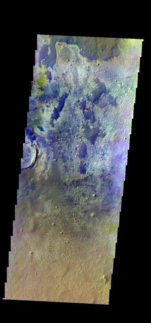 The THEMIS VIS camera contains 5 filters. The data from different filters can be combined in multiple ways to create a false color image. These false color images may reveal subtle variations of the surface not easily identified in a single band image. Today's false color image shows part of the floor of Schiaparelli Crater. Orbit Number: 44366 Latitude: -1.13235 Longitude: 14.4773 Instrument: VIS Captured: 2011-12-15 07:21 http://photojournal.jpl.nasa.gov/catalog/PIA21163