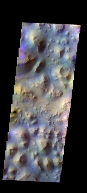 The THEMIS VIS camera contains 5 filters. The data from different filters can be combined in multiple ways to create a false color image. These false color images may reveal subtle variations of the surface not easily identified in a single band image. Today's false color image shows part of Iani Chaos.  Orbit Number: 44854 Latitude: -0.717905 Longitude: 342.194 Instrument: VIS Captured: 2012-01-24 11:21  http://photojournal.jpl.nasa.gov/catalog/PIA21165
