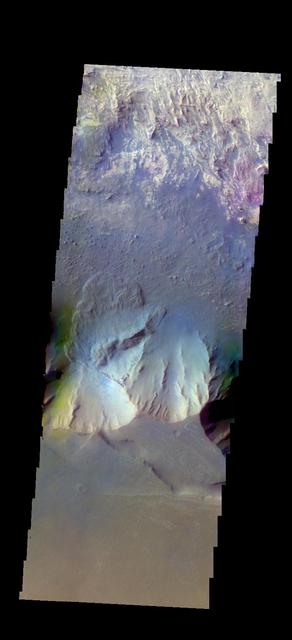 The THEMIS VIS camera contains 5 filters. The data from different filters can be combined in multiple ways to create a false color image. These false color images may reveal subtle variations of the surface not easily identified in a single band image. Today's false color image shows part of Candor Chasma. There is a landslide deposit from the rim of the chasma. Orbit Number: 44856 Latitude: -6.68095 Longitude: 283.729 Instrument: VIS Captured: 2012-01-24 15:20 http://photojournal.jpl.nasa.gov/catalog/PIA21167