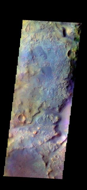 The THEMIS VIS camera contains 5 filters. The data from different filters can be combined in multiple ways to create a false color image. These false color images may reveal subtle variations of the surface not easily identified in a single band image. Today's false color image shows part Nili Fossae. Orbit Number: 45861 Latitude: 21.8183 Longitude: 77.0538 Instrument: VIS Captured: 2012-04-16 10:30 http://photojournal.jpl.nasa.gov/catalog/PIA21172
