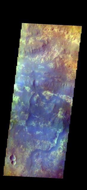 The THEMIS VIS camera contains 5 filters. The data from different filters can be combined in multiple ways to create a false color image. These false color images may reveal subtle variations of the surface not easily identified in a single band image. Today's false color image shows part of Mawrth Vallis.  Orbit Number: 46064 Latitude: 22.2964 Longitude: 342.796 Instrument: VIS Captured: 2012-05-03 03:31  http://photojournal.jpl.nasa.gov/catalog/PIA21194