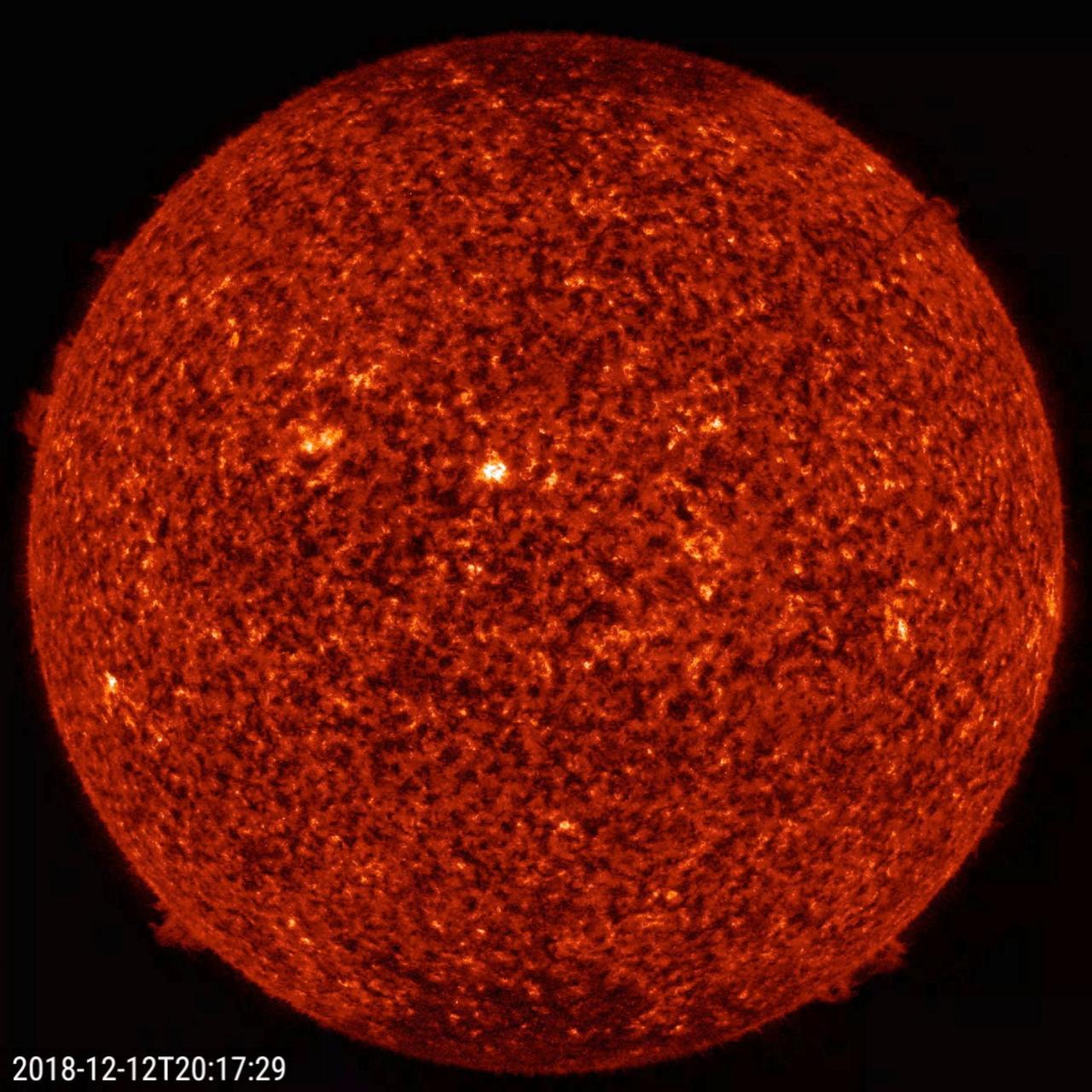 The sun sported four smallish prominences along its edge at about the same time (Dec. 12-14, 2018). They were at the positions of 2 o'clock, 5 o'clock, 7 o'clock, and 10 o'clock. The largest and most active of the prominences was at the 7 o'clock point. Prominences are clouds of charged particles suspended above the sun by magnetic forces. These were observed in a wavelength of extreme ultraviolet light. The video clip covers almost two days' of activity: it consists of 335 frames being shown at 20 frames per second.  Movies available at https://photojournal.jpl.nasa.gov/catalog/PIA21212