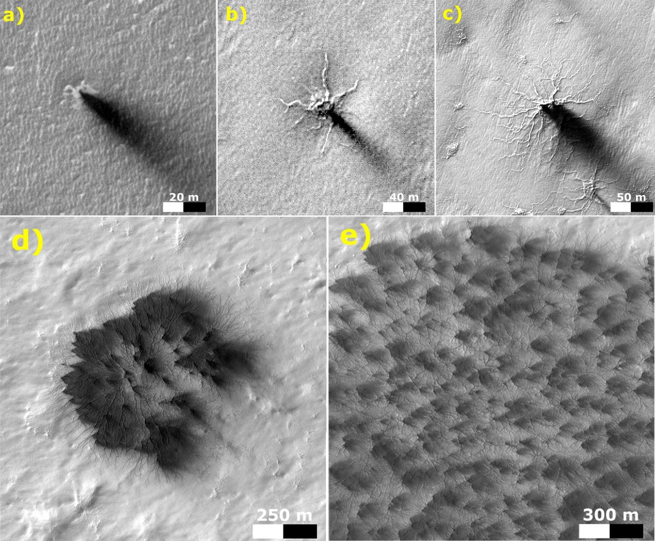 These five images from the High Resolution Imaging Science Experiment (HiRISE) camera on NASA's Mars Reconnaissance Orbiter show different Martian features of progressively greater size and complexity, all thought to result from thawing of seasonal carbon-dioxide ice that covers large areas near Mars' south pole during winter.  The sequence illustrates possible stages in development of a type of Martian terrain called "araneiform," from Latin for spider-shaped. They range from a depression with one trough (upper left) to a broad network of "spiders" (lower right). Each image has a scale bar in meters, from 20 meters (66 feet) in the upper-left image to 300 meters (984 feet) in the lower-right one.  Each image also includes dark "fans" that result from the same thawing process. Carbon-dioxide ice, better known as "dry ice," does not occur naturally on Earth. On Mars, sheets of it cover the ground during winter in areas near both poles, including the south-polar regions with spidery terrain. The dark fans appear in these areas each spring.  Spring sunshine penetrates the ice to warm the ground underneath, causing some carbon dioxide on the bottom of the sheet to thaw into gas. The trapped gas builds pressure until a crack forms in the ice sheet. Gas erupts out, and gas beneath the ice rushes toward the vent, picking up particles of sand and dust. This erodes the ground and also supplies the geyser with particles that fall back to the surface, downwind, and appear as the dark spring fans.  These five images are excerpts from HiRISE observations PSP_002718_0950, taken Feb. 24, 2007, at 85 degrees south latitude, 82 degrees east longitude, and ESP_011842_0980, taken Feb. 4, 2009, at 81 degrees south latitude, 76 degrees east longitude.  http://photojournal.jpl.nasa.gov/catalog/PIA21258