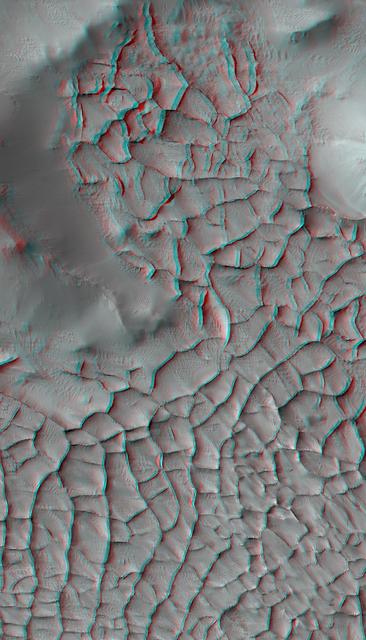This stereo view shows part of an area on Mars where narrow rock ridges, some as tall as a 16-story building, intersect at angles forming corners of polygons. It appears three-dimensional when viewed through red-blue glasses with the red lens on the left. The area covered in the image is about 1.9 miles (3 kilometers) wide, in the Gordii Dorsum portion of the Medusae Fossae region of Mars. This stereo view combines two observations from the High Resolution Imaging Science Experiment (HiRISE) camera on the Mars Reconnaissance Orbiter.. North is up. Note the afternoon shadows cast by some of the walls. These ridges likely formed as lava that hardened underground and later resisted erosion better than the surrounding material. From ground level, they would resemble hardened-lava walls on Earth. http://photojournal.jpl.nasa.gov/catalog/PIA21265