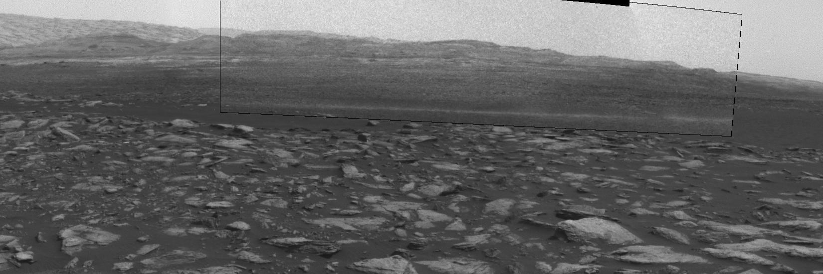 This frame from a sequence of images shows a dust-carrying whirlwind, called a dust devil, scooting across the ground inside Gale Crater, as observed on the local summer afternoon of NASA's Curiosity Mars Rover's 1,597th Martian day, or sol (Feb. 1, 2017).  Set within a broader southward view from the rover's Navigation Camera, the rectangular area outlined in black was imaged multiple times over a span of several minutes to check for dust devils. Images from the period with most activity are shown in the inset area. The images are in pairs that were taken about 12 seconds apart, with an interval of about 90 seconds between pairs. Timing is accelerated and not fully proportional in this animation.  A dust devil is most evident in the 10th, 11th and 12th frames. In the first and fifth frames, dust blowing across the ground appears as pale horizontal streak. Contrast has been modified to make frame-to-frame changes easier to see. A black frame is added between repeats of the sequence.  On Mars as on Earth, dust devils are whirlwinds that result from sunshine warming the ground, prompting convective rising of air that has gained heat from the ground. Observations of Martian dust devils provide information about wind directions and interaction between the surface and the atmosphere.  An animation is available at http://photojournal.jpl.nasa.gov/catalog/PIA21270