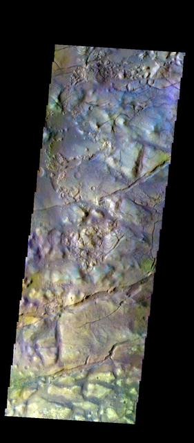 The THEMIS VIS camera contains 5 filters. The data from different filters can be combined in multiple ways to create a false color image. These false color images may reveal subtle variations of the surface not easily identified in a single band image. Today's false color image shows part of Gorgonum Chaos. Orbit Number: 50315 Latitude: -37.785 Longitude: 189.412 Instrument: VIS Captured: 2013-04-17 22:37 http://photojournal.jpl.nasa.gov/catalog/PIA21277