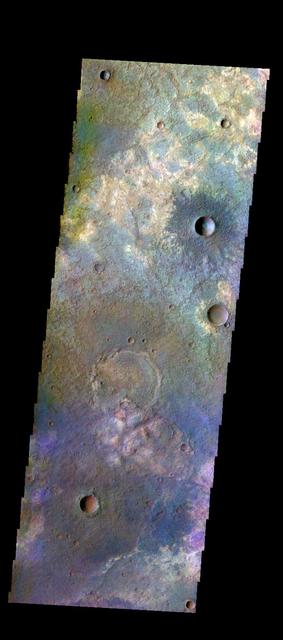 The THEMIS VIS camera contains 5 filters. The data from different filters can be combined in multiple ways to create a false color image. These false color images may reveal subtle variations of the surface not easily identified in a single band image. Today's false color image shows some of the extensive plains that comprise Terra Sabaea.  Orbit Number: 50907 Latitude: -24.7157 Longitude: 44.6408 Instrument: VIS Captured: 2013-06-05 15:43  http://photojournal.jpl.nasa.gov/catalog/PIA21281