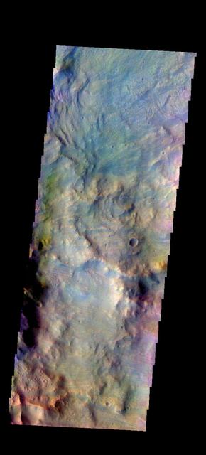 The THEMIS camera contains 5 filters. The data from different filters can be combined in multiple ways to create a false color image. This image from NASA 2001 Mars Odyssey spacecraft shows the outer rim of Beruri Crater. This image is of the ejecta along the eastern rim of the crater. The color variations show the radial nature of the ejecta emplacement. Orbit Number: 51267 Latitude: 5.28807 Longitude: 81.8251 Instrument: VIS Captured: 2013-07-05 08:29 http://photojournal.jpl.nasa.gov/catalog/PIA21305