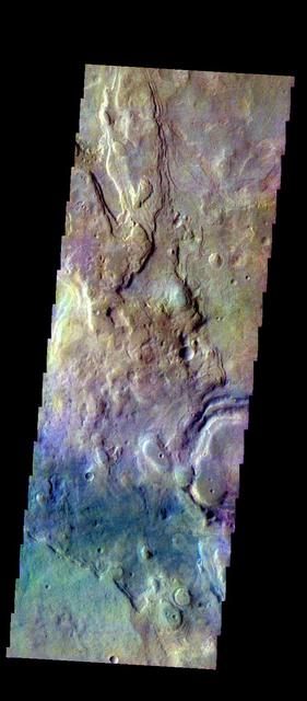 The THEMIS VIS camera contains 5 filters. The data from different filters can be combined in multiple ways to create a false color image. These false color images may reveal subtle variations of the surface not easily identified in a single band image. Today's false color image shows plains in the northern part of Hellas Planitia.  Orbit Number: 51518 Latitude: -29.4065 Longitude: 70.2082 Instrument: VIS Captured: 2013-07-25 22:23  http://photojournal.jpl.nasa.gov/catalog/PIA21310
