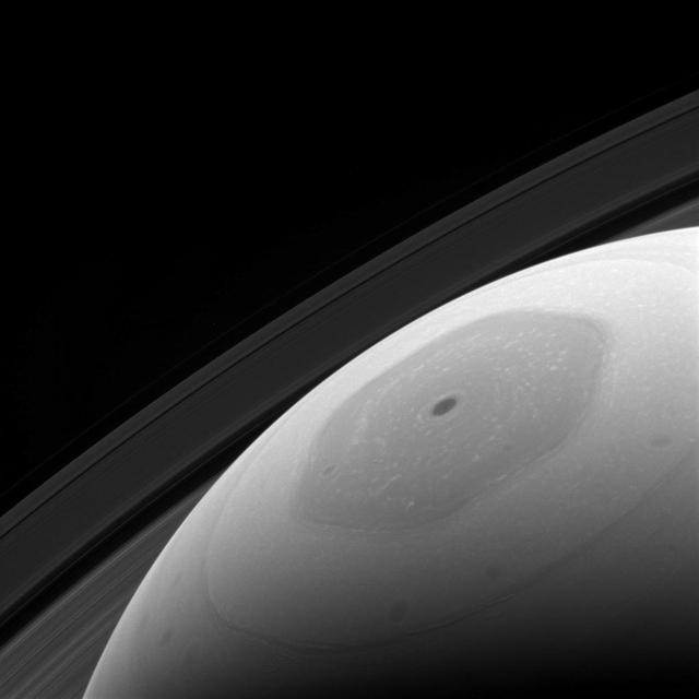 Saturn hexagonal polar jet stream is the shining feature of almost every view of the north polar region of Saturn. The region, in shadow for the first part of NASA's Cassini mission, now enjoys full sunlight, which enables Cassini scientists to directly image it in reflected light.  Although the sunlight falling on the north pole of Saturn is enough to allow us to image and study the region, it does not provide much warmth. In addition to being low in the sky (just like summer at Earth's poles), the sun is nearly ten times as distant from Saturn as from Earth. This results in the sunlight being only about 1 percent as intense as at our planet.  This view looks toward Saturn from about 31 degrees above the ring plane. The image was taken with the Cassini spacecraft wide-angle camera on Jan. 22, 2017 using a spectral filter which preferentially admits wavelengths of near-infrared light centered at 939 nanometers.  The view was obtained at a distance of approximately 560,000 miles (900,000 kilometers) from Saturn. Image scale is 33 miles (54 kilometers) per pixel.  https://photojournal.jpl.nasa.gov/catalog/PIA21327