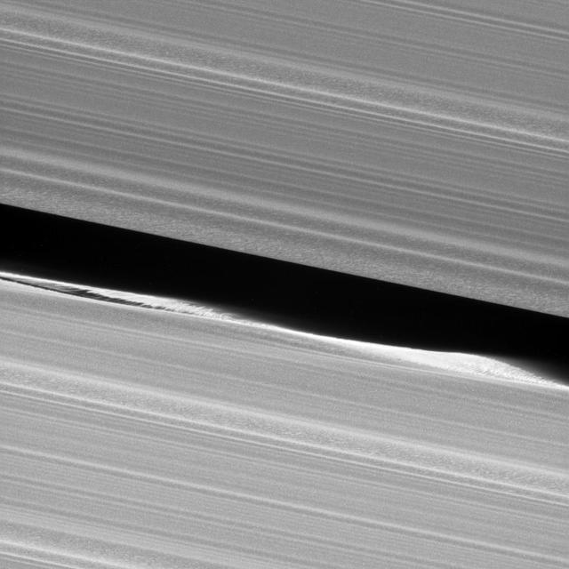Before NASA's Cassini entered its Grand Finale orbits, it acquired unprecedented views of the outer edges of the main ring system. For example, this close-up view of the Keeler Gap, which is near the outer edge of Saturn's main rings, shows in great detail just how much the moon Daphnis affects the edges of the gap.   Daphnis creates waves in the edges of the gap through its gravitational influence. Some clumping of ring particles can be seen in the perturbed edge, similar to what was seen on the edges of the Encke Gap back when Cassini arrived at Saturn in 2004.  This view looks toward the sunlit side of the rings from about 3 degrees above the ring plane. The view was acquired at a distance of approximately 18,000 miles (30,000 kilometers) from Daphnis and at a Sun-Daphnis-spacecraft, or phase, angle of 69 degrees. Image scale is 581 feet (177 meters) per pixel. The image was taken in visible light with the Cassini spacecraft narrow-angle camera on Jan. 16, 2017.   https://photojournal.jpl.nasa.gov/catalog/PIA21329