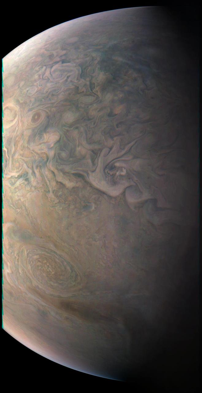 The JunoCam imager on NASA's Juno spacecraft snapped this shot of Jupiter's northern latitudes on Dec. 11, 2016 at 8:47 a.m. PST (11:47 a.m. EST), as the spacecraft performed a close flyby of the gas giant planet. The spacecraft was at an altitude of 10,300 miles (16,600 kilometers) above Jupiter's cloud tops.  This stunning view of the high north temperate latitudes fortuitously shows NN-LRS-1, a giant storm known as the Little Red Spot (lower left). This storm is the third largest anticyclonic reddish oval on the planet, which Earth-based observers have tracked for the last 23 years. An anticyclone is a weather phenomenon with large-scale circulation of winds around a central region of high atmospheric pressure. They rotate clockwise in the northern hemisphere, and counterclockwise in the southern hemisphere. The Little Red Spot shows very little color, just a pale brown smudge in the center. The color is very similar to the surroundings, making it difficult to see as it blends in with the clouds nearby. Citizen scientists Gerald Eichstaedt and John Rogers processed the image and drafted the caption. http://photojournal.jpl.nasa.gov/catalog/PIA21378. -   Enhanced image by Gerald Eichstädt / John Rogers based on images provided courtesy of NASA/JPL-Caltech/SwRI/MSSS