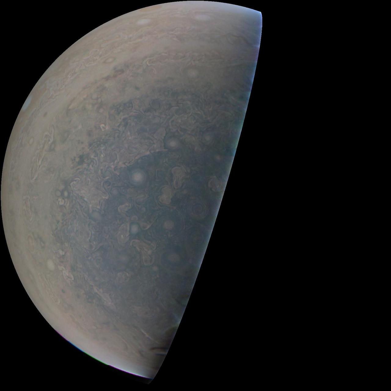 Cyclones swirl around the south pole, and white oval storms can be seen near the limb -- the apparent edge of the planet -- in this image of Jupiter's south polar region taken by the JunoCam imager aboard NASA's Juno spacecraft. The image was acquired on February 2, 2017, at 5:52 a.m. PST (8:52 a.m. EST) from an altitude of 47,600 miles (76,600 kilometers) above Jupiter's swirling cloud deck. Prior to the Feb. 2 flyby, the public was invited to vote for their favorite points of interest in the Jovian atmosphere for JunoCam to image. The point of interest captured here was titled "Jovian Antarctica" by a member of the public, in reference to Earth's Antarctica. http://photojournal.jpl.nasa.gov/catalog/PIA21380