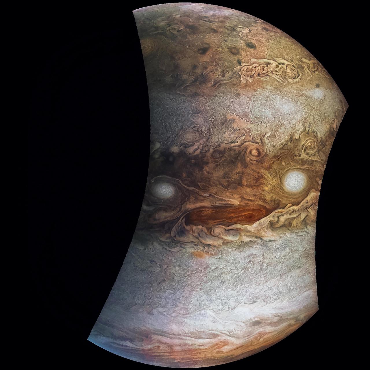 JunoCam images aren't just for art and science -- sometimes they are processed to bring a chuckle. This image, processed by citizen scientist Jason Major, is titled "Jovey McJupiterface." By rotating the image 180 degrees and orienting it from south up, two white oval storms turn into eyeballs, and the "face" of Jupiter is revealed. The original image was acquired by JunoCam on NASA's Juno spacecraft on May 19, 2017 at 11:20 a.m. PT (2: 20 p.m. ET) from an altitude of 12,075 miles (19,433 kilometers).  https://photojournal.jpl.nasa.gov/catalog/PIA21394  .  - Enhanced image by Jason Major based on images provided courtesy of NASA/JPL-Caltech/SwRI/MSSS