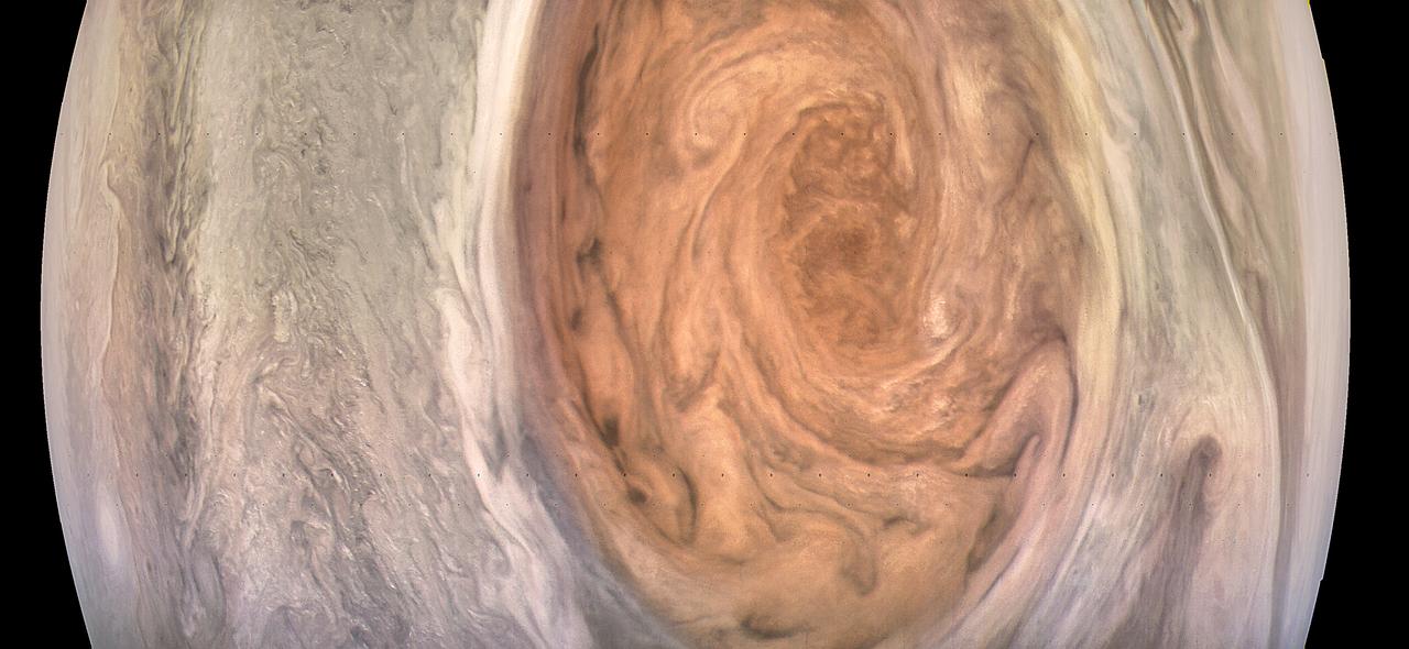 This enhanced-color image of Jupiter's Great Red Spot was created by citizen scientist Kevin Gill using data from the JunoCam imager on NASA's Juno spacecraft. The image was taken on July 10, 2017 at 07:07 p.m. PDT (10:07 p.m. EDT), as the Juno spacecraft performed its 7th close flyby of Jupiter. At the time the image was taken, the spacecraft was about 6,130 miles (9,866 kilometers) from the tops of the clouds of the planet.  https://photojournal.jpl.nasa.gov/catalog/PIA21395 .  -   Enhanced image by Kevin M. Gill (CC-BY) based on images provided courtesy of NASA/JPL-Caltech/SwRI/MSSS