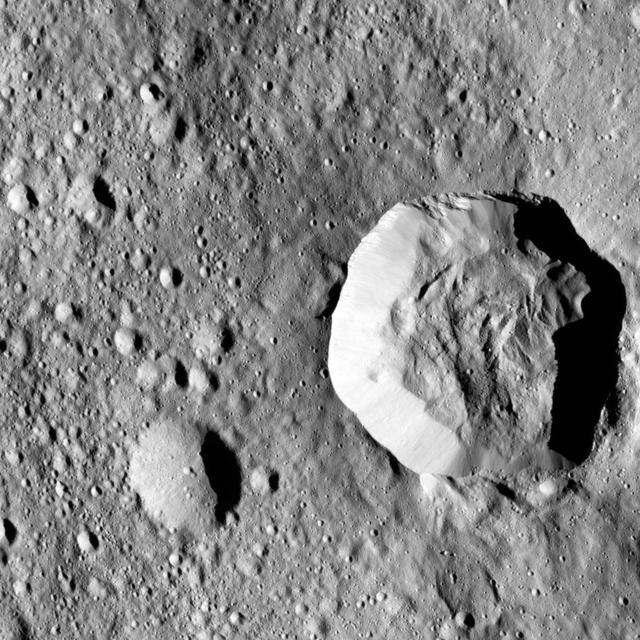 Ceres surface shows evidence for different types of flows that indicate the presence of ice in the regolith. One type of flow encircles the large impact crater at right in this image taken by NASA Dawn spacecraft. One type of flow encircles the large impact crater at right in this image. Scientists see features in this flow that indicate a low degree of internal friction within its material, meaning it was able to flow easily and far from its source. This could be due to the incorporation of a significant amount of liquid water or water vapor into the ejecta blanket. This flow also shows a large ridge along its edge (seen most clearly just to the left of the large crater). These features are commonly associated with flows on Mars called "fluidized ejecta blankets." This feature is located southwest of Kerwan crater at 40 degrees south latitude, 109 degrees east longitude. This is in the vicinity of the latitudes where Dawn's gamma ray and neutron spectrometer (GRaND) instrument sensed the presence of ice in the first meter of Ceres' regolith. The image was taken on August, 7, 2016 from an altitude of about 240 miles (390 kilometers) above Ceres. The image resolution is about 120 feet (35 meters) per pixel. https://photojournal.jpl.nasa.gov/catalog/PIA21404