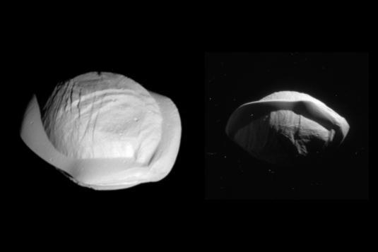These two images from NASA's Cassini spacecraft show how the spacecraft's perspective changed as it passed within 15,300 miles (24,600 kilometers) of Saturn's moon Pan on March 7, 2017. This was Cassini's closest-ever encounter with Pan, improving the level of detail seen on the little moon by a factor of eight over previous observations.  The views show the northern and southern hemispheres of Pan, at left and right, respectively. Both views look toward Pan's trailing side, which is the side opposite the moon's direction of motion as it orbits Saturn.   Cassini imaging scientists think that Pan formed within Saturn's rings, with ring material accreting onto it and forming the rounded shape of its central mass, when the outer part of the ring system was quite young and the ring system was vertically thicker. Thus, Pan probably has a core of icy material that is denser than the softer mantle around it.   The distinctive, thin ridge around Pan's equator is thought to have come after the moon formed and had cleared the gap in the rings in which it resides today. At that point the ring was as thin as it is today, yet there was still ring material accreting onto Pan. However, at the tail end of the process, that material was raining down on the moon solely in (or close to) its equatorial region. Thus, the infalling material formed a tall, narrow ridge of material. On a larger, more massive body, this ridge would not be so tall (relative to the body) because gravity would cause it to flatten out. But Pan's gravity is so feeble that the ring material simply settles onto Pan and builds up. Other dynamical forces keep the ridge from growing indefinitely.  The images are presented here at their original size.  The views were acquired by the Cassini narrow-angle camera at distances of 15,275 miles or 24,583 kilometers (left view) and 23,199 miles or 37,335 kilometers (right view). Image scale is 482 feet or 147 meters per pixel (left view) and about 735 feet or 224 meters per pixel (right view).  http://photojournal.jpl.nasa.gov/catalog/PIA21436