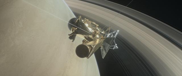 This illustration shows NASA's Cassini spacecraft about to make one of its dives between Saturn and its innermost rings as part of the mission's Grand Finale.  Cassini will make 22 orbits that swoop between the rings and the planet before ending its mission on Sept. 15, 2017, with a final plunge into Saturn.  https://photojournal.jpl.nasa.gov/catalog/PIA21439