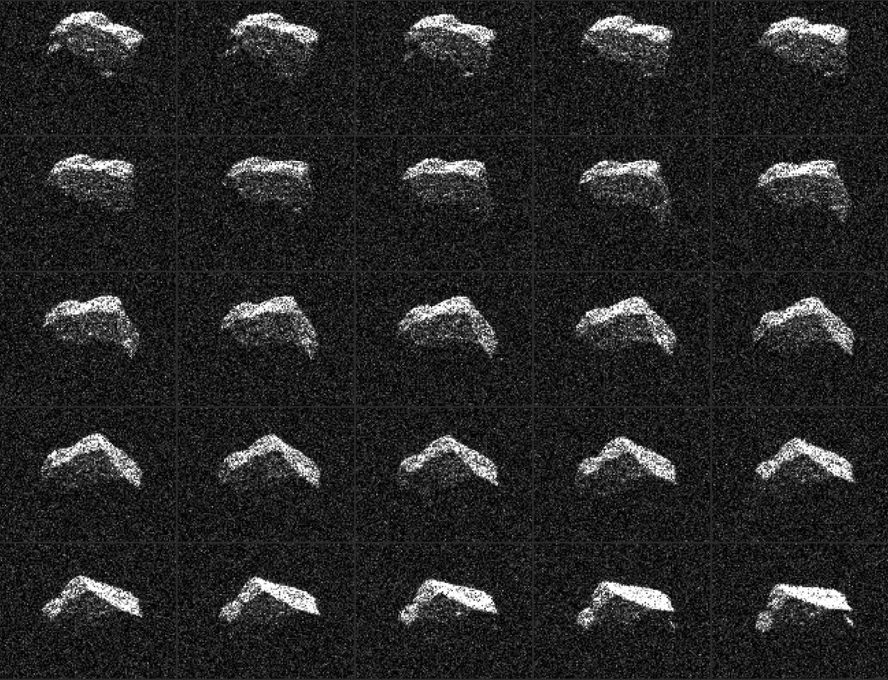 This composite of 25 images of asteroid 2017 BQ6 was generated with radar data collected using NASA's Goldstone Solar System Radar in California's Mojave Desert. The images were gathered on Feb. 7, 2017, between 8:39 and 9:50 p.m. PST (11:39 p.m. EST and 12:50 a.m., Feb. 7), revealing an irregular, angular-appearing asteroid about 660 feet (200 meters) in size that rotates about once every three hours. The images have resolutions as fine as 12 feet (3.75 meters) per pixel.  http://photojournal.jpl.nasa.gov/catalog/PIA21452