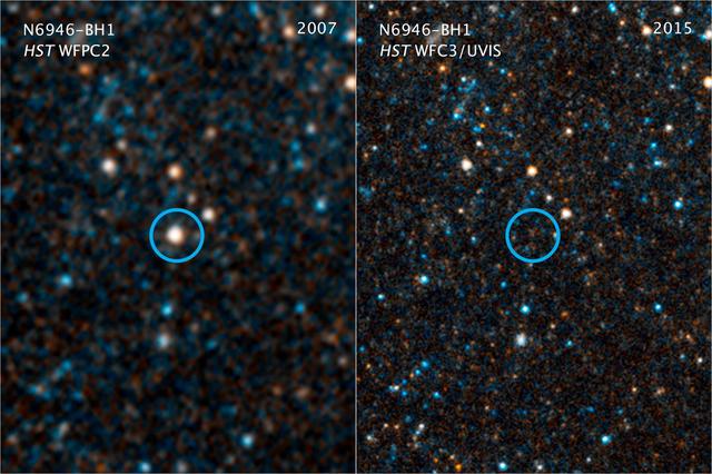 This pair of visible-light and near-infrared photos from NASA's Hubble Space Telescope shows the giant star N6946-BH1 before and after it vanished out of sight by imploding to form a black hole. The left image shows the star, which is 25 times the mass of our sun, as it looked in 2007. In 2009, the star shot up in brightness to become over 1 million times more luminous than our sun for several months. But then it seemed to vanish, as seen in the right panel image from 2015. A small amount of infrared light has been detected from where the star used to be. This radiation probably comes from debris falling onto a black hole. The black hole is located 22 million light-years away in the spiral galaxy NGC 6946. https://photojournal.jpl.nasa.gov/catalog/PIA21467