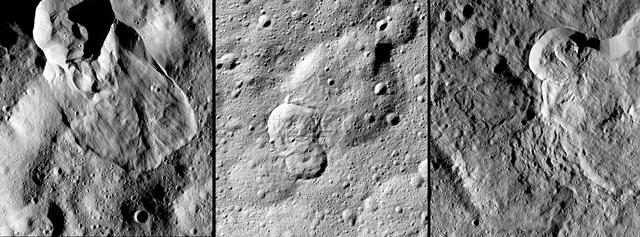 NASA's Dawn spacecraft has revealed many landslides on Ceres, which researchers interpret to have been shaped by a significant amount of water ice. A 2017 study in the journal Nature Geoscience classifies three types of these debris flows. Image 1 (left in the montage) shows an example of "Type I" flow features, which are relatively round and large, have thick "toes" at their ends. They look similar to rock glaciers and icy landslides on Earth. Type I landslides are mostly found at high latitudes, which is also where the most ice is thought to reside near Ceres' surface. Image 2 (center) shows an example of a "Type II" flow feature. Type II features are often thinner and longer than Type I, and are the most common type of landslide on Ceres. They appear more like the avalanches seen on Earth. Image 3 (right) shows an example of a "Type III" flow feature at Datan Crater. The study authors interpret Ceres' Type III landslides to involve melted ice, although scientists do not know if they actually contain liquid water. The authors think Type III landslides are related to impact craters, and may have formed during impact events into the ice on Ceres. The features resemble fluid material ejected from craters in the icy regions of Mars and Jupiter's moon Ganymede. https://photojournal.jpl.nasa.gov/catalog/PIA21471