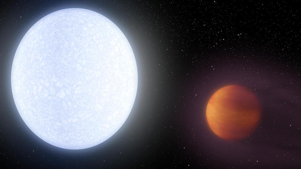 This artist's concept shows planet KELT-9b orbiting its host star, KELT-9. It is the hottest gas giant planet discovered so far.  With a dayside temperature of more than 7,800 degrees Fahrenheit (4,600 Kelvin), KELT-9b is a planet that is hotter than most stars. But its star, called KELT-9, is even hotter -- a blue A-type star that is likely unraveling the planet through evaporation.  KELT-9b is a gas giant 2.8 times more massive than Jupiter, but only half as dense. Scientists would expect the planet to have a smaller radius, but the extreme radiation from its host star has caused the planet's atmosphere to puff up like a balloon.  The planet is also unusual in that it orbits perpendicular to the spin axis of the star. That would be analogous to the planet orbiting perpendicular to the plane of our solar system. One "year" on this planet is less than two days long.  The KELT-9 star is only 300 million years old, which is young in star time. It is more than twice as large, and nearly twice as hot, as our sun. Given that the planet's atmosphere is constantly blasted with high levels of ultraviolet radiation, the planet may even be shedding a tail of evaporated planetary material like a comet.  An animation is available at https://photojournal.jpl.nasa.gov/catalog/PIA21472