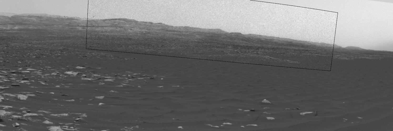 This frame from a sequence of images shows a dust-carrying whirlwind, called a dust devil, on lower Mount Sharp inside Gale Crater, as viewed by NASA's Curiosity Mars Rover during the summer afternoon of the rover's 1,613rd Martian day, or sol (Feb. 18, 2017).  Set within a broader southward view from the rover's Navigation Camera, the rectangular area outlined in black was imaged multiple times over a span of several minutes to check for dust devils. Images from the period with most activity are shown in the inset area.  The images are in pairs that were taken about 12 seconds apart, with an interval of about 90 seconds between pairs. Timing is accelerated and not fully proportional in this animation. Contrast has been modified to make frame-to-frame changes easier to see. A black frame provides a marker between repeats of the sequence.  On Mars as on Earth, dust devils result from sunshine warming the ground, prompting convective rising of air that has gained heat from the ground. Observations of dust devils provide information about wind directions and interaction between the surface and the atmosphere.   An animation is available at http://photojournal.jpl.nasa.gov/catalog/PIA21483