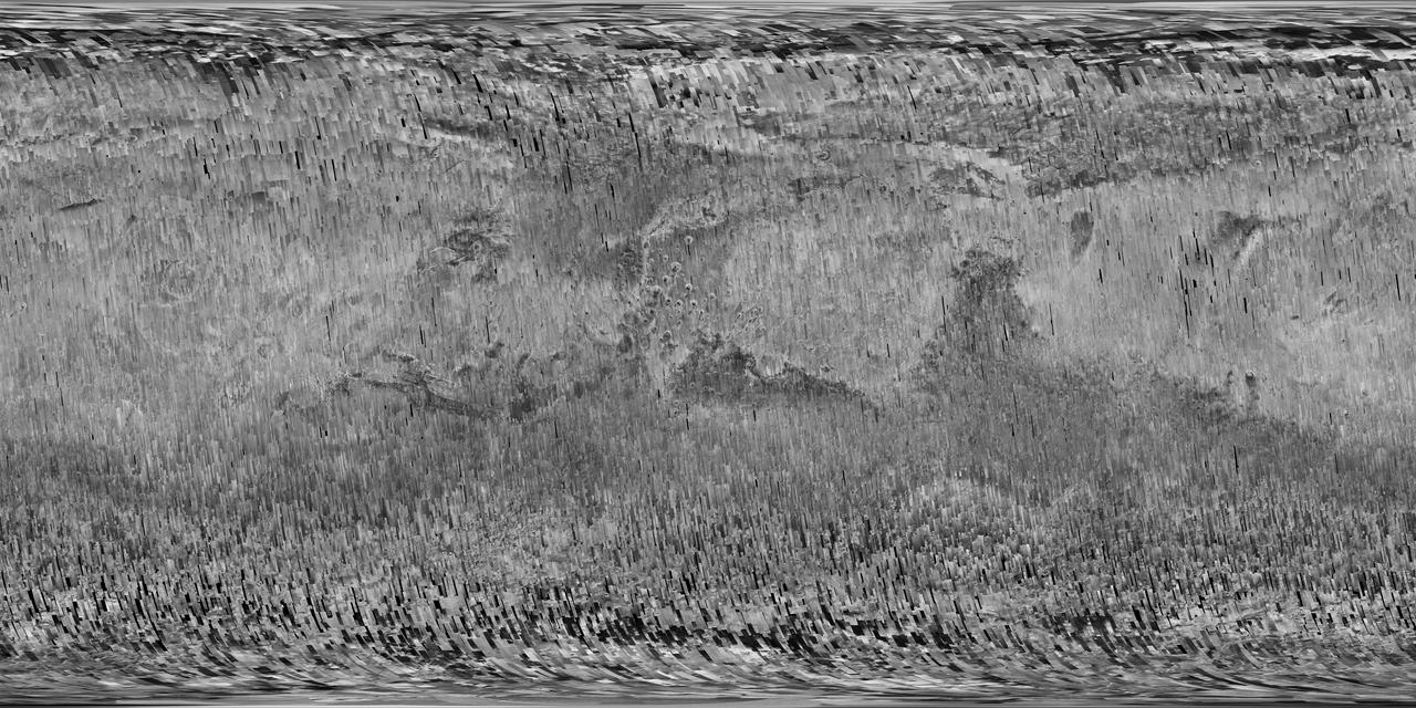 In early 2017, after more than a decade of observing Mars, the Context Camera (CTX) on NASA's Mars Reconnaissance Orbiter (MRO) surpassed 99 percent coverage of the entire planet. This mosaic shows that global coverage. No other camera has ever imaged so much of Mars in such high resolution. The mosaic offers a resolution that enables zooming in for more detail of any region of Mars. It is still far from the full resolution of individual CTX observations, which can reveal the shapes of features smaller than the size of a tennis court. As of March 2017, the Context Camera has taken about 90,000 images since the spacecraft began examining Mars from orbit in late 2006. In addition to covering 99.1 percent of the surface of Mars at least once, this camera has observed more than 60 percent of Mars more than once, checking for changes over time and providing stereo pairs for 3-D modeling of the surface. http://photojournal.jpl.nasa.gov/catalog/PIA21488