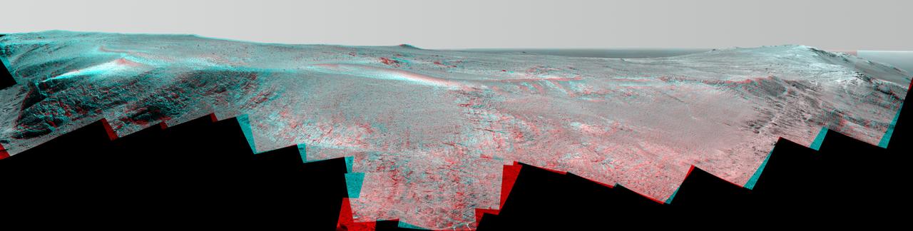A ridge called "Rocheport" on the western rim of Mars' Endeavour Crater spans this stereo scene from the panoramic camera (Pancam) on NASA's Mars Exploration Rover Opportunity. The mosaic combines views from the left eye and right eye of the Pancam to appear three-dimensional when seen through blue-red glasses with the red lens on the left. The view extends from south-southeast on the left to north on the right. Rocheport is near the southern end of an Endeavour rim segment called "Cape Tribulation." The Pancam took the component images for this panorama on Feb. 25, 2017, during the 4,654th Martian day, or sol, of Opportunity's work on Mars. Opportunity began exploring the western rim of Endeavour Crater in 2011 and reached the north end of Cape Tribulation in 2014. This ridge bears some grooves on its side, such as between the two dark shoulders angling down near the left edge of the scene. For scale, those shoulders are about 10 to 16 feet (3 to 5 meters) long. The grooves might have been carved long ago by water or ice or wind. The Rocheport name comes from a riverbank town in Missouri along the route of Lewis and Clark's "Corps of Discovery" Expedition. https://photojournal.jpl.nasa.gov/catalog/PIA21491