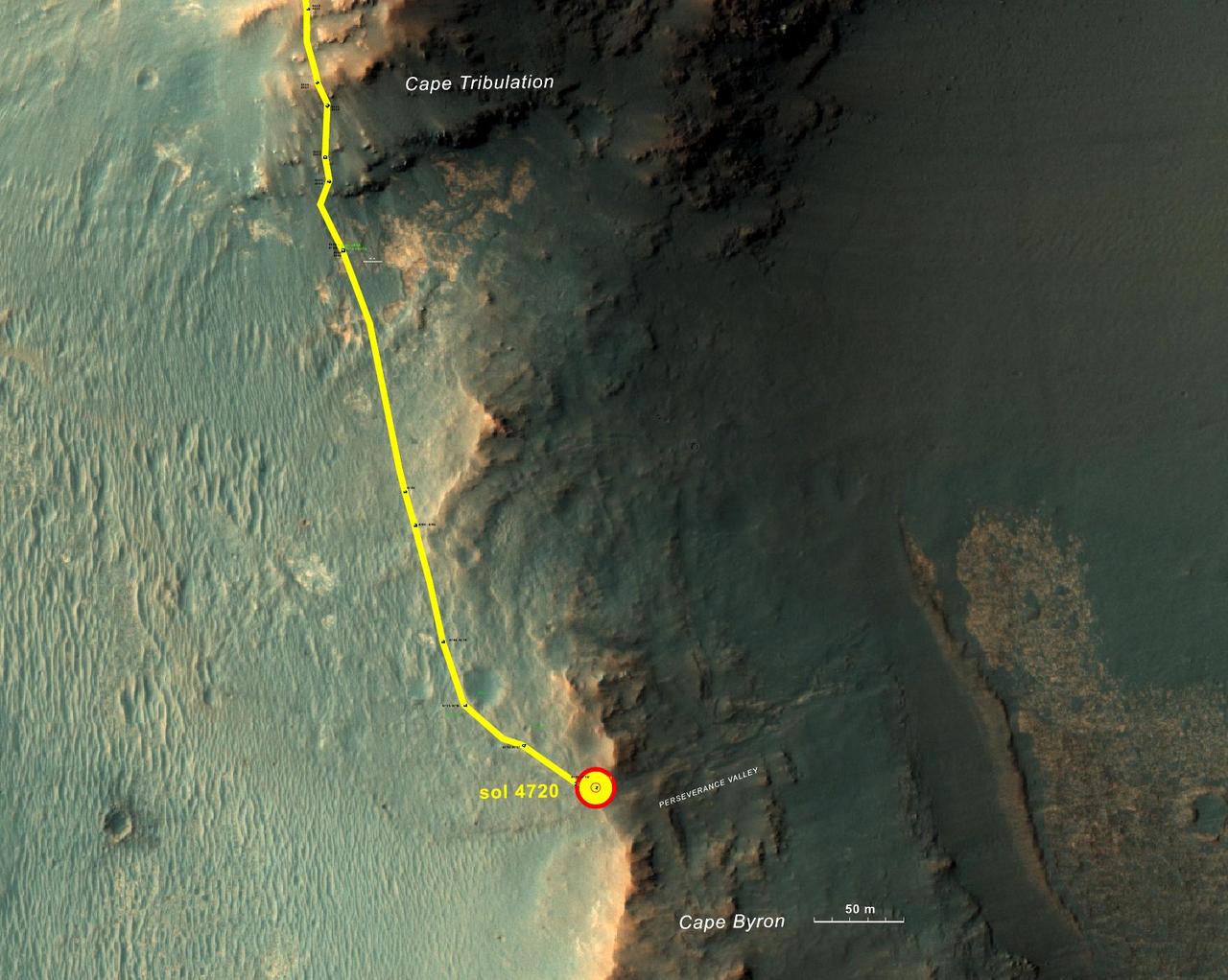This graphic shows the route that NASA's Mars Exploration Rover Opportunity drove in its final approach to 'Perseverance Valley' on the western rim of Endeavour Crater.  The map covers an area about four-tenths of a mile (two-thirds of a kilometer) wide, with the interior of the crater on the right. Opportunity entered this mapped area from the north along the gold traverse line on March 21, 2017, approaching the southern tip of the "Cape Tribulation" segment of Endeavour's rim. It reached the top of "Perseverance Valley" with a drive on Sol 4720 (the 4,720th Martian day) of the mission, on May 4, 2017.  https://photojournal.jpl.nasa.gov/catalog/PIA21496